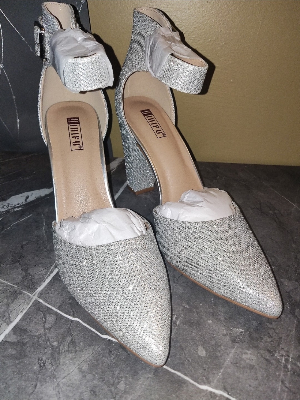 Glitter Silver Pointed-Toe Ankle Strap Heels